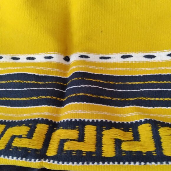 Made in Greece Vintage Yellow & Black Fringed Wool Greek Rug or Tapestry